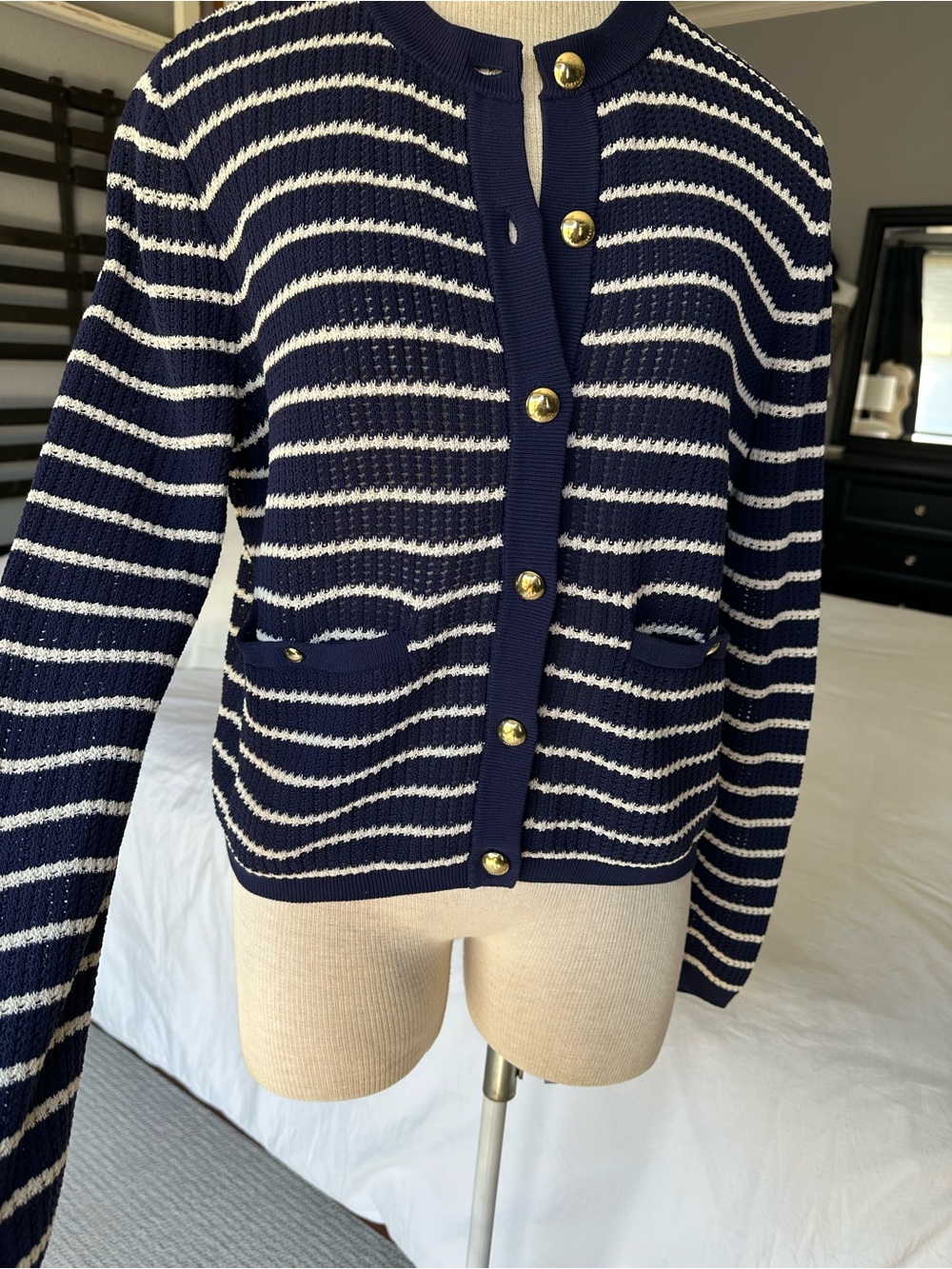 rag & bone Navy and White Striped Gold-Button Cardigan, size medium - Picture 6 of 14